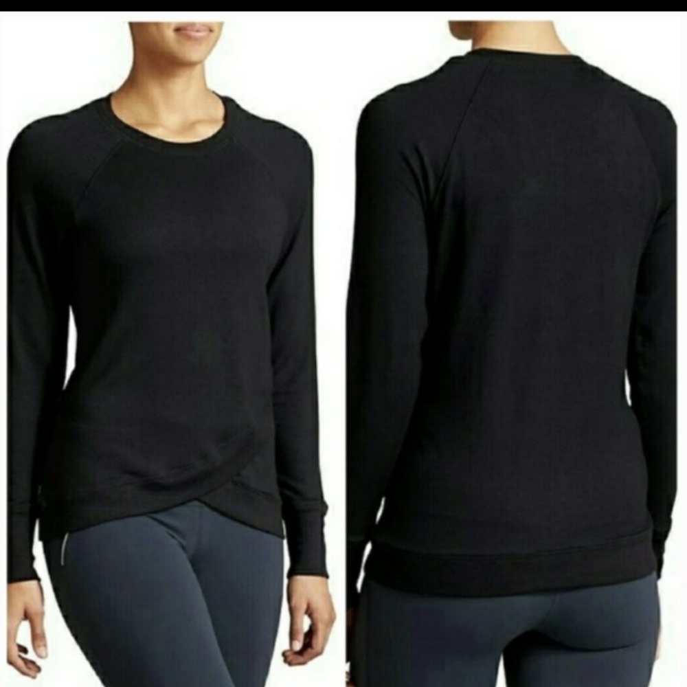 ATHLETA Serenity Criss Cross Sweatshirt Scoop Neck Long Sleeve Top in blk‎ sz XL